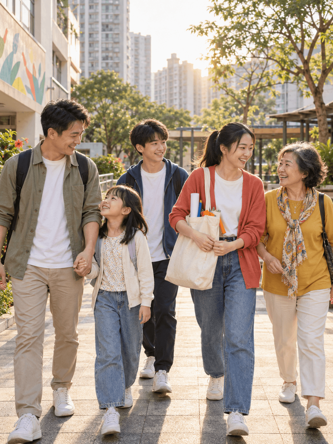 兒童、青年、家長、義工和長者在香港社區中心外同行